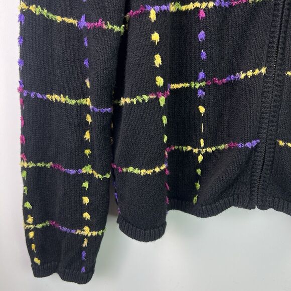 Vtg Christopher & Banks Black Zip Cardigan Sweater Multicolor Grid Knit Size M - Picture 2 of 8